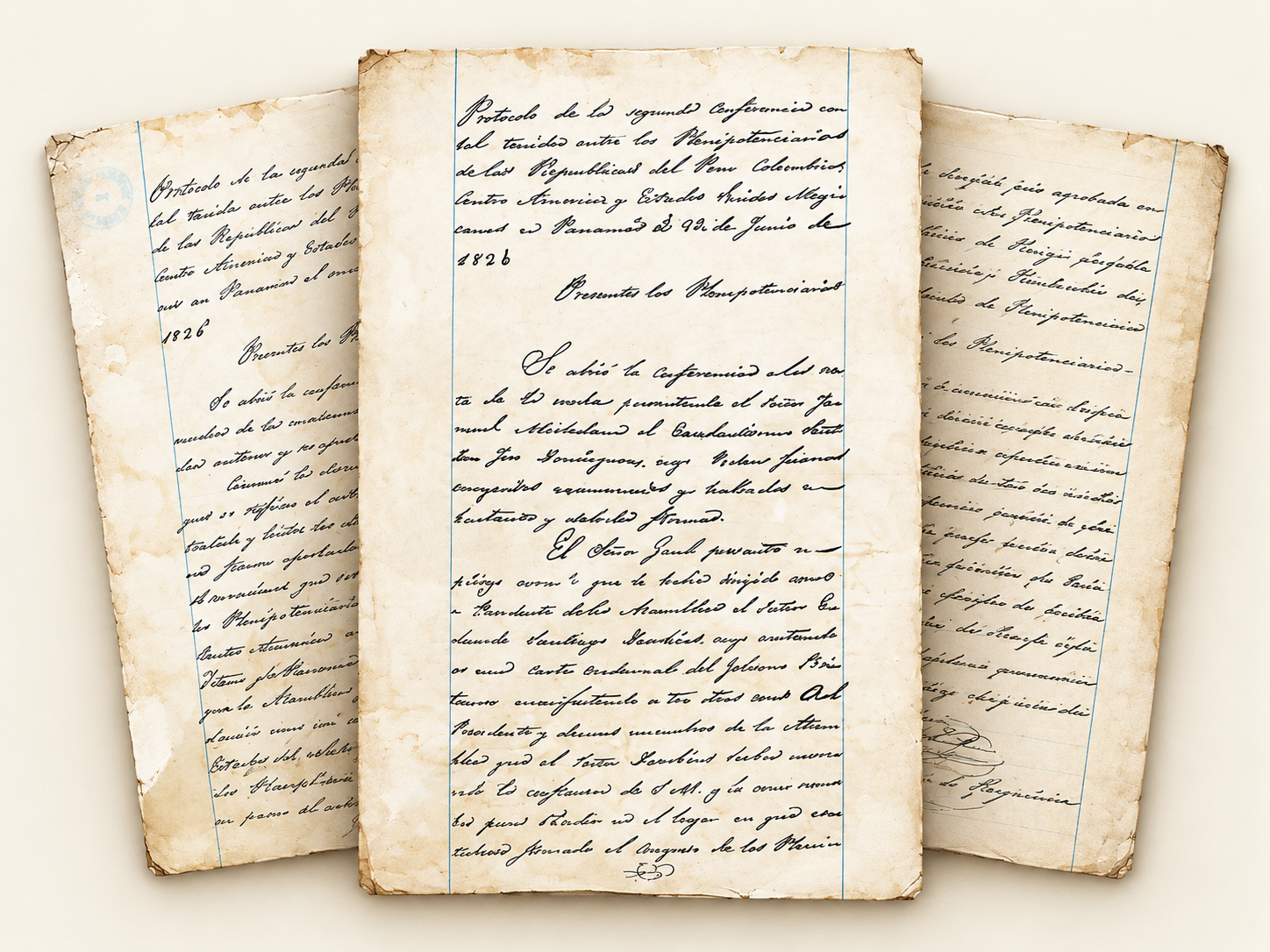 Composición de facsímiles manuscritos de las actas del Congreso de Panamá de 1826